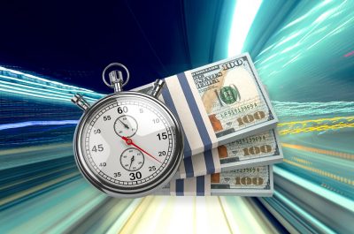 Stopwatch with packs of dollar isolated on white. Fast credit, financial and investments, time is money concept. 3d illustration